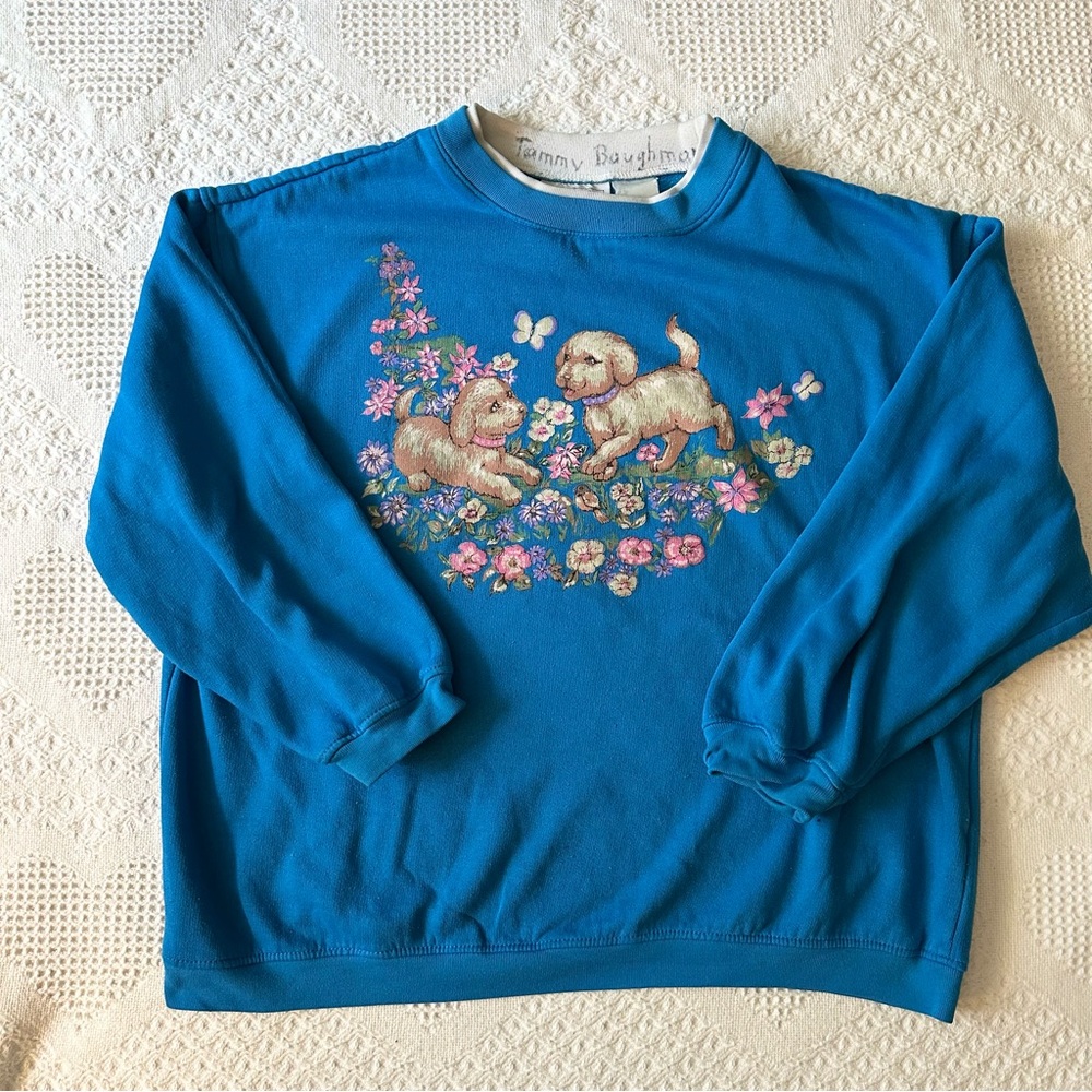 Vintage Dog Sweatshirt Crewneck Womens Medium Blue Puppy Floral Meadow Vtg READ - Picture 2 of 10
